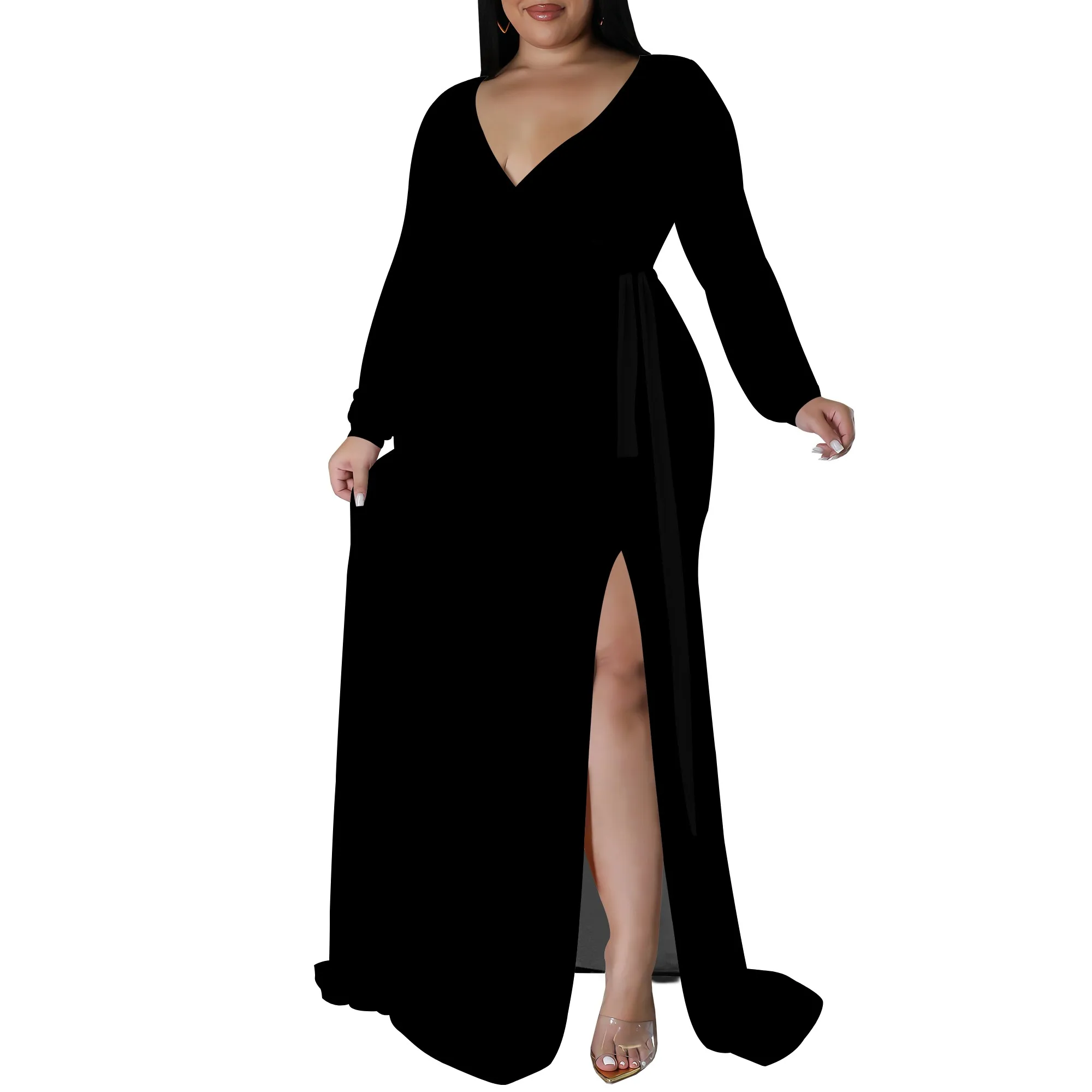 Plus Size Long Sleeve Deep V Neck Maxi Dress with Side Slit, Elegant Evening Wear for Women