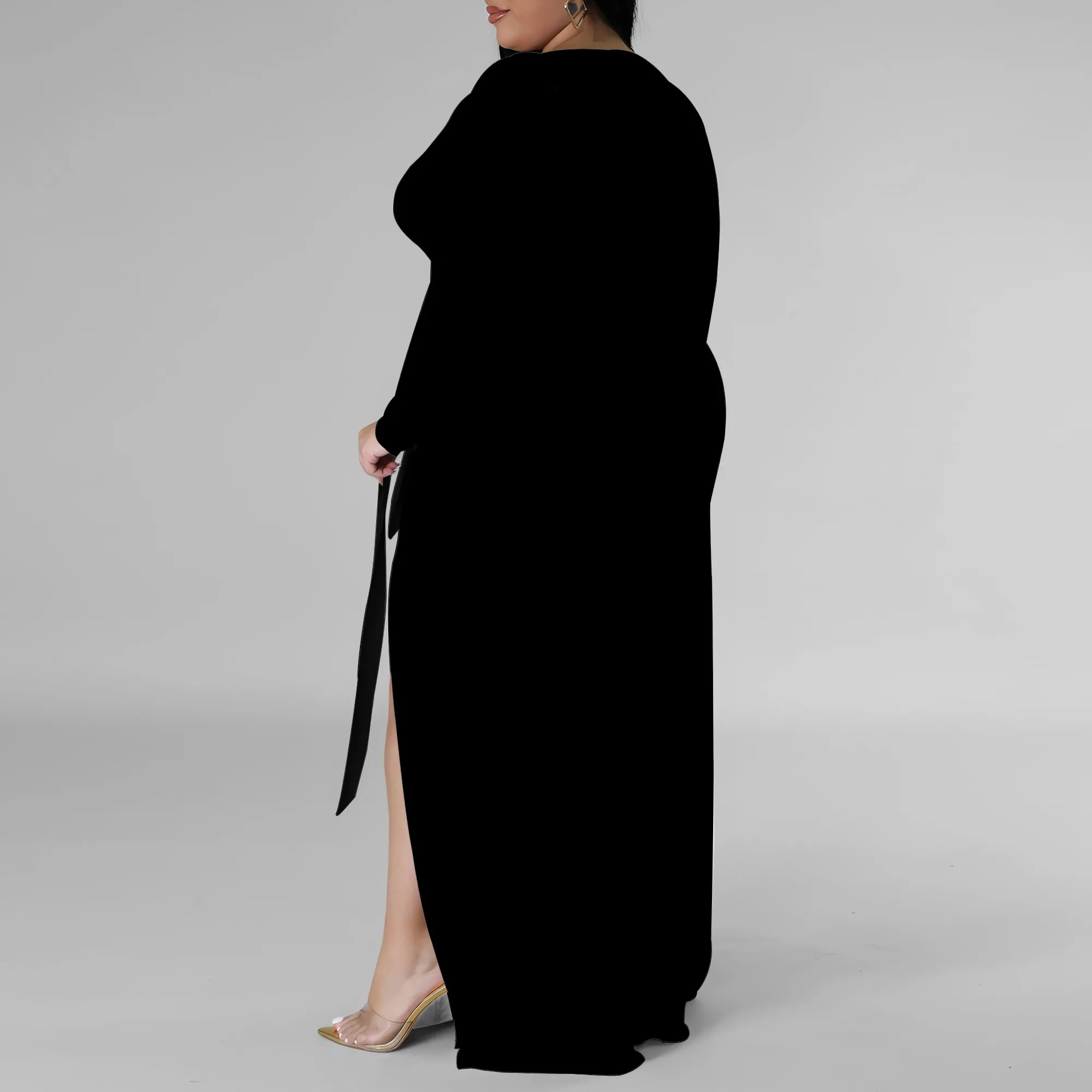 Plus Size Long Sleeve Deep V Neck Maxi Dress with Side Slit, Elegant Evening Wear for Women