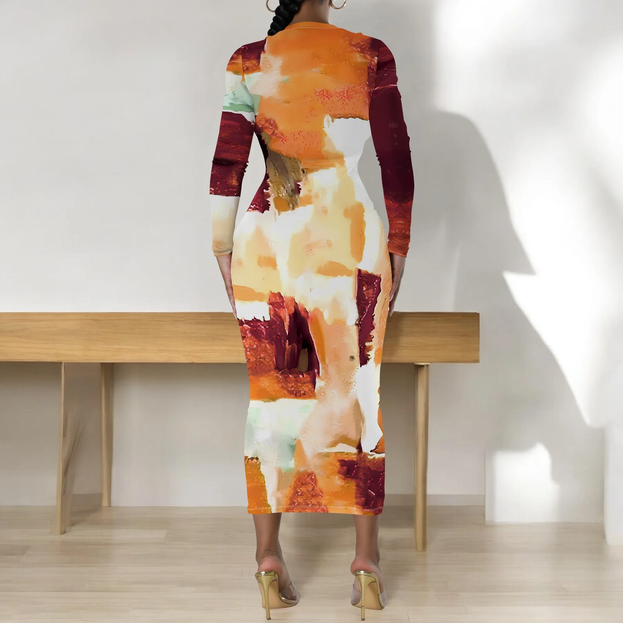 Women's Long Sleeve Maxi Dress Manhattan Ruffle Natural Fit Tie Dye Modified Cocktail Modified Dress