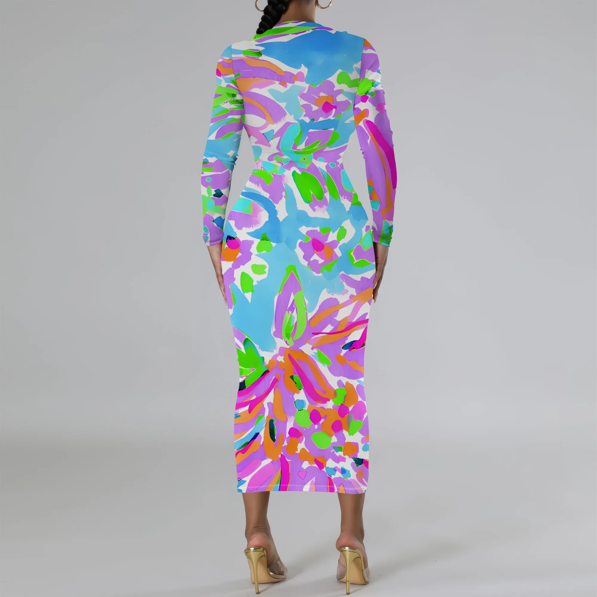 Women's Long Sleeve Maxi Dress Manhattan Ruffle Natural Fit Tie Dye Modified Cocktail Modified Dress