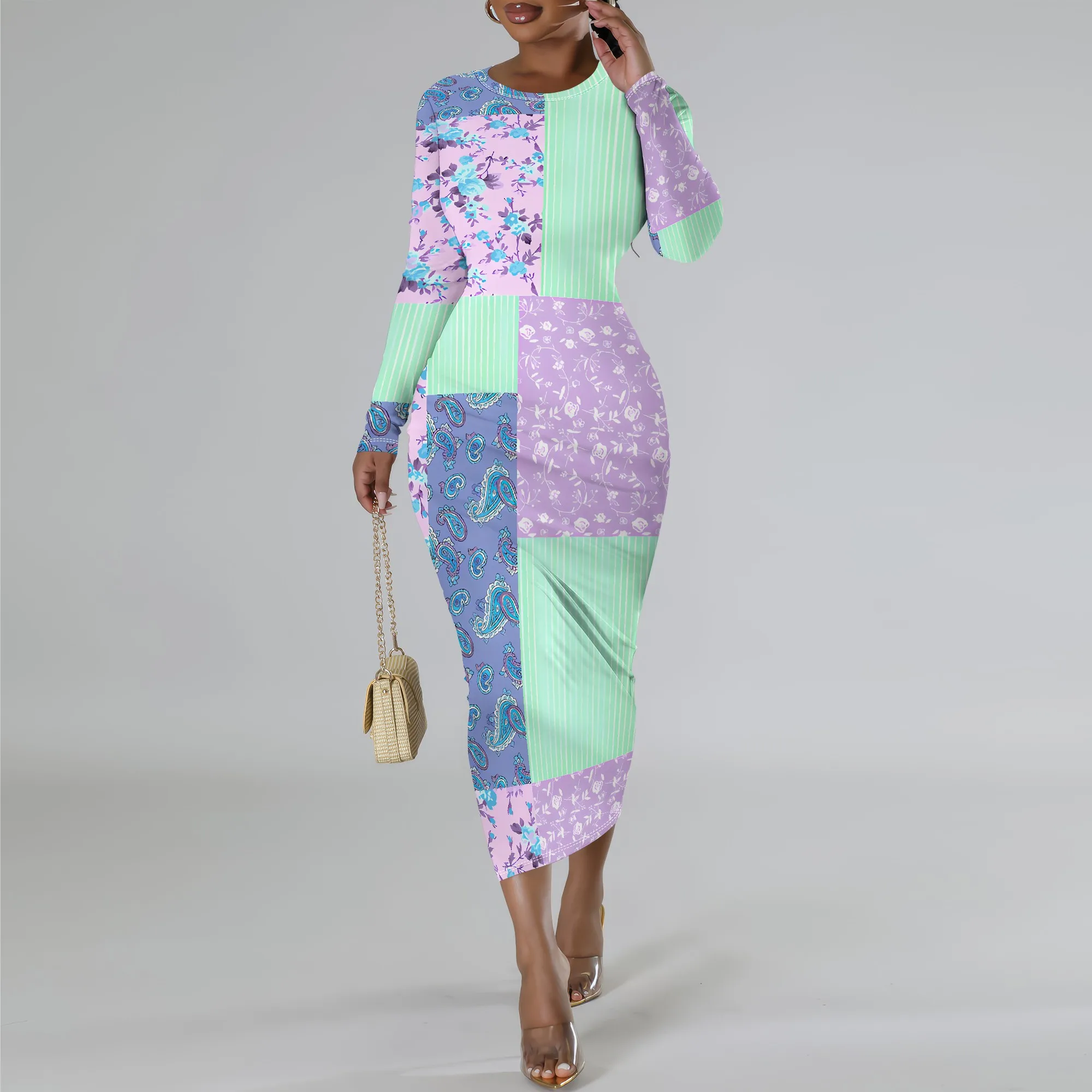 Women's Long Sleeve Maxi Dress Manhattan Ruffle Natural Fit Tie Dye Modified Cocktail Modified Dress