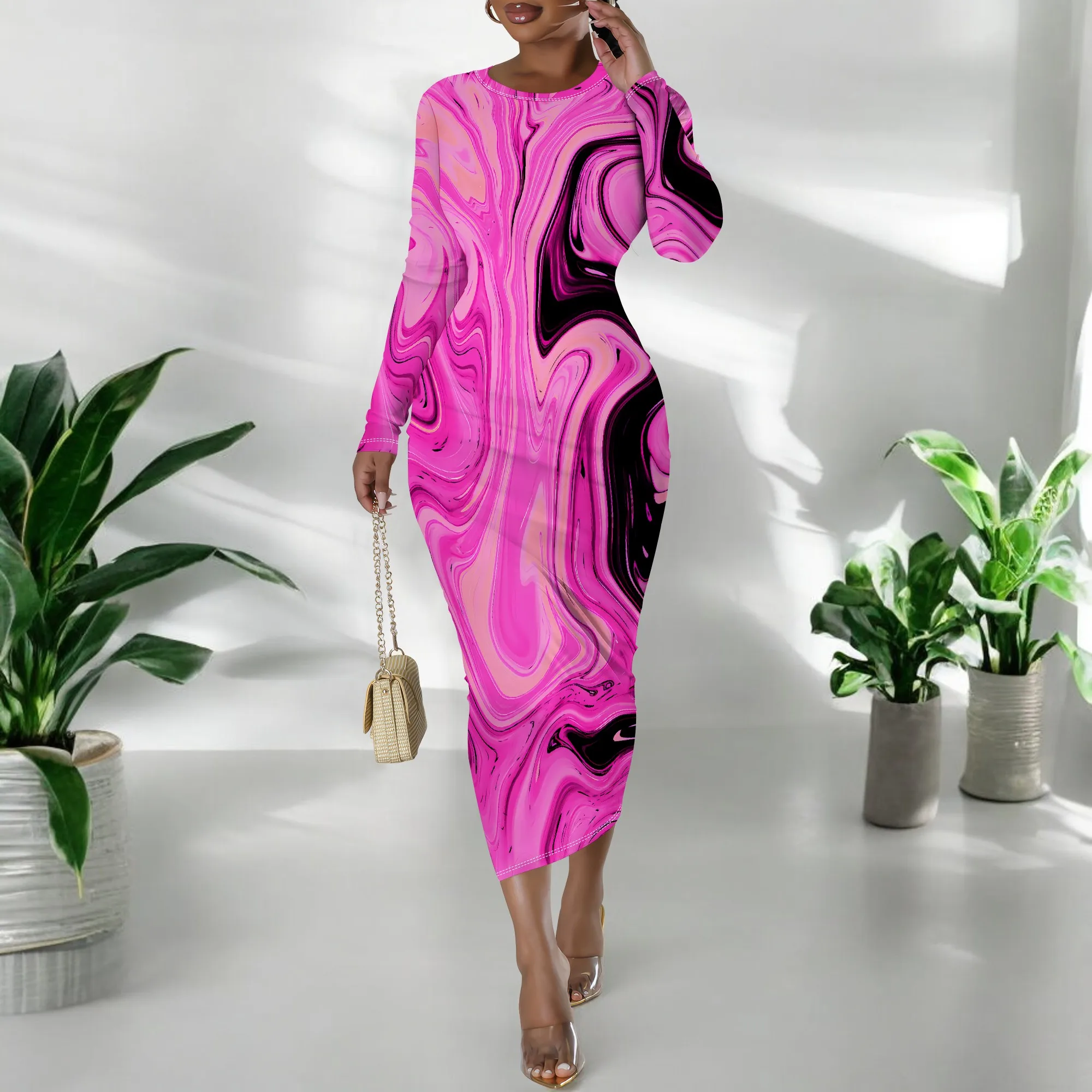 Women's Long Sleeve Maxi Dress Manhattan Ruffle Natural Fit Tie Dye Modified Cocktail Modified Dress