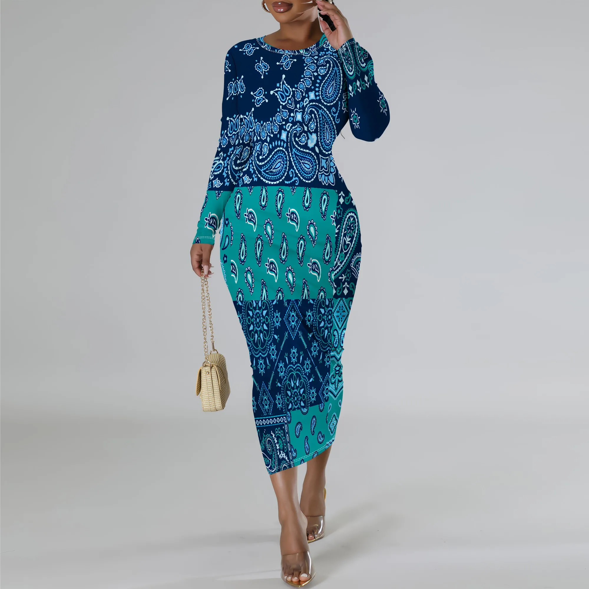 Women's Long Sleeve Maxi Dress Manhattan Ruffle Natural Fit Tie Dye Modified Cocktail Modified Dress