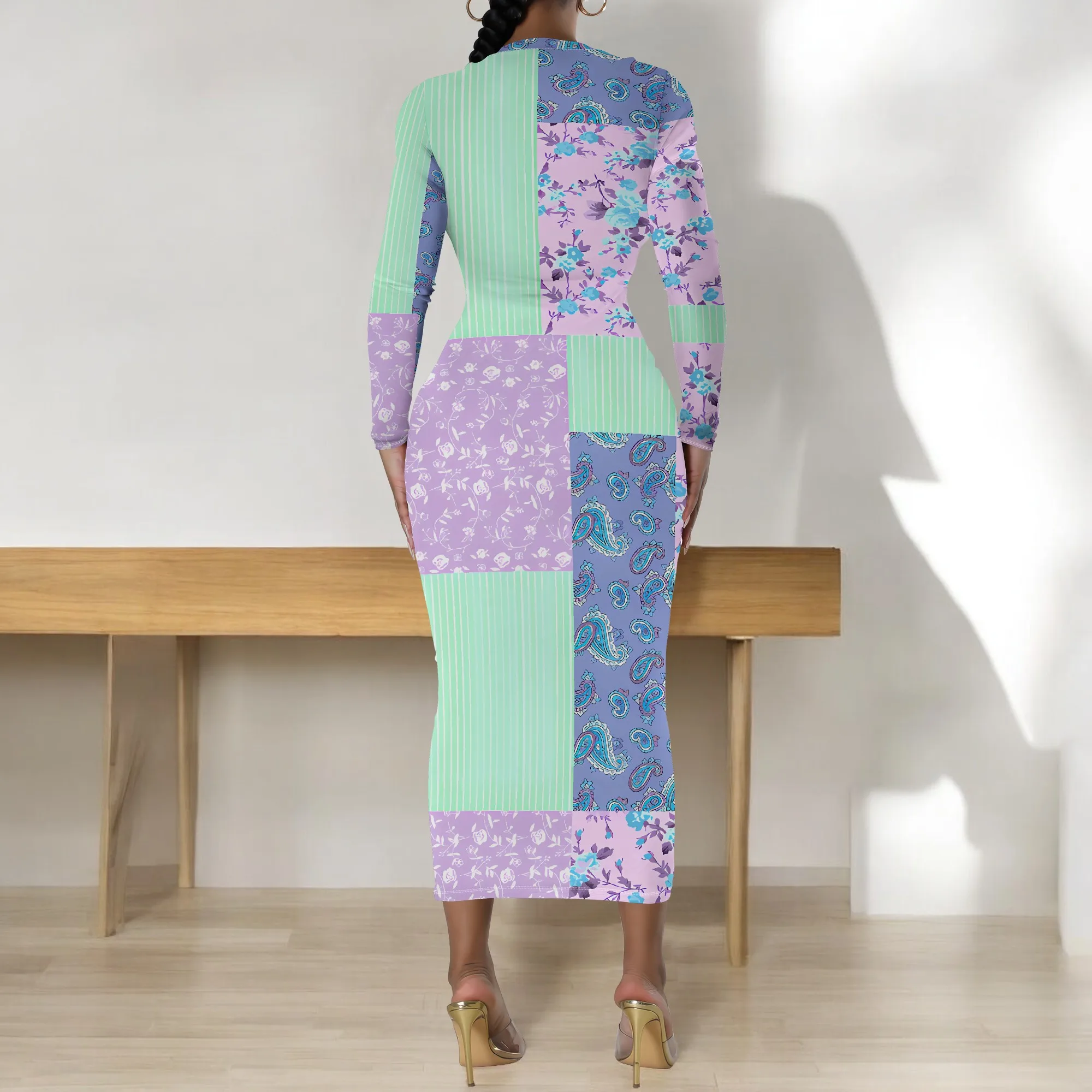 Women's Long Sleeve Maxi Dress Manhattan Ruffle Natural Fit Tie Dye Modified Cocktail Modified Dress