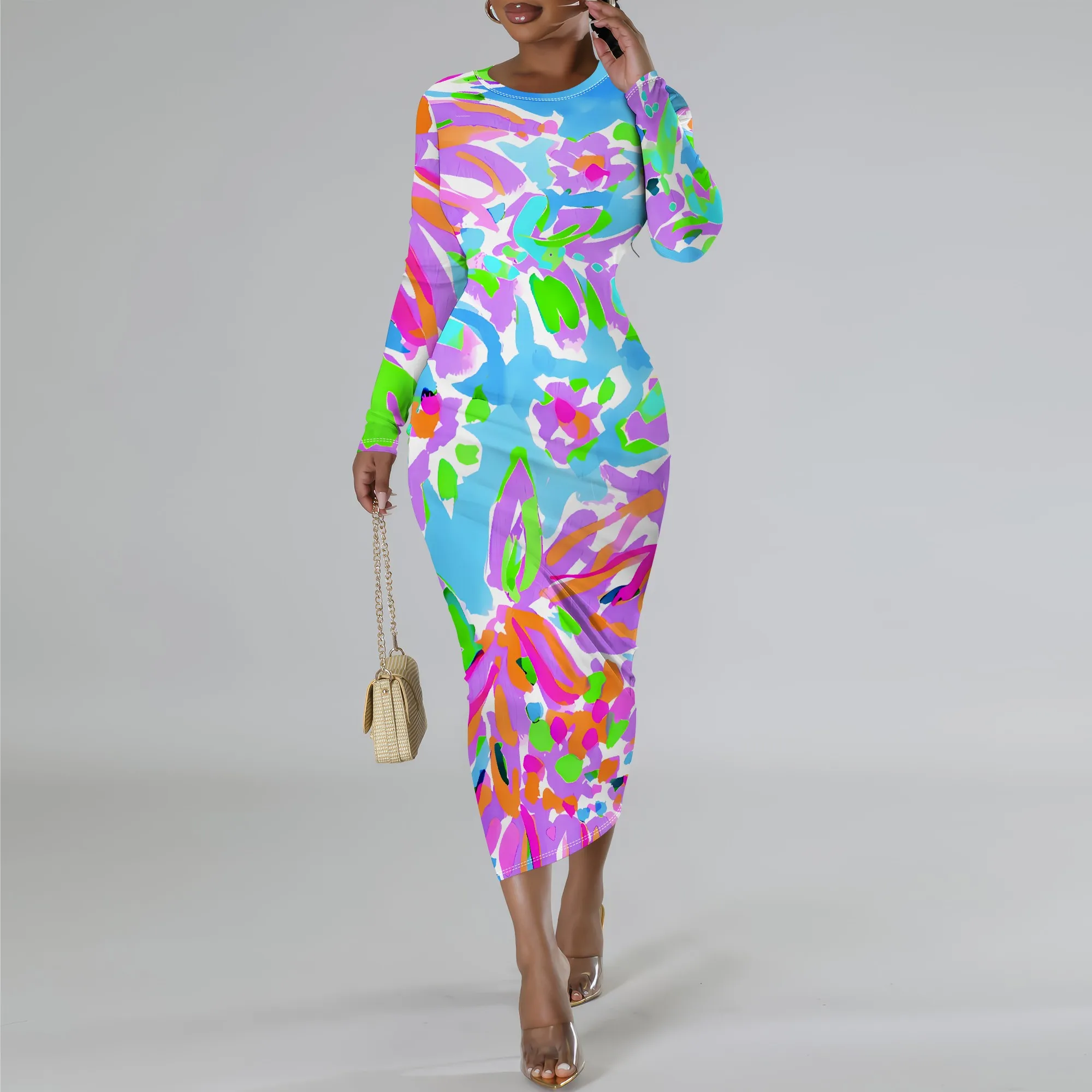 Women's Long Sleeve Maxi Dress Manhattan Ruffle Natural Fit Tie Dye Modified Cocktail Modified Dress