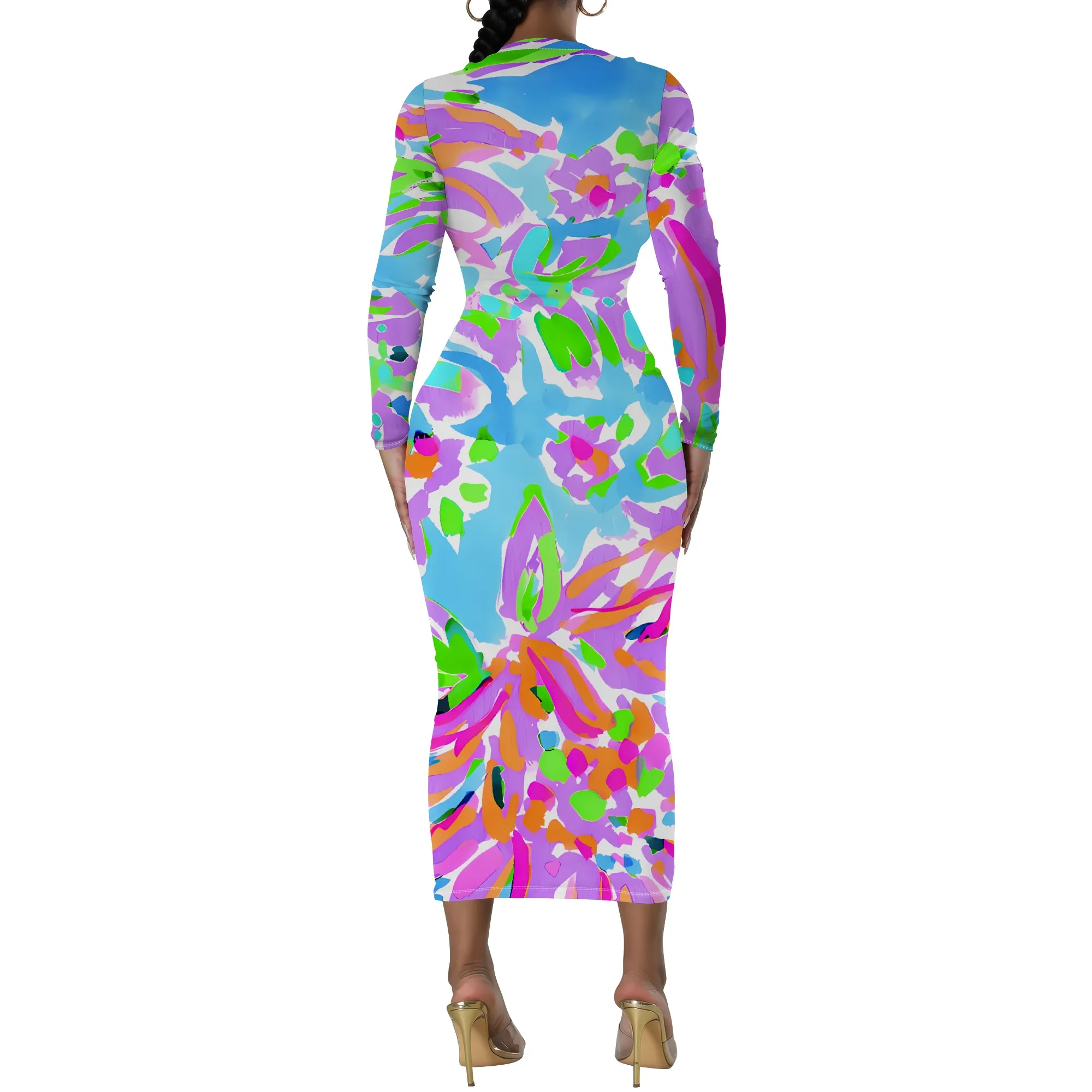 Women's Long Sleeve Maxi Dress Manhattan Ruffle Natural Fit Tie Dye Modified Cocktail Modified Dress