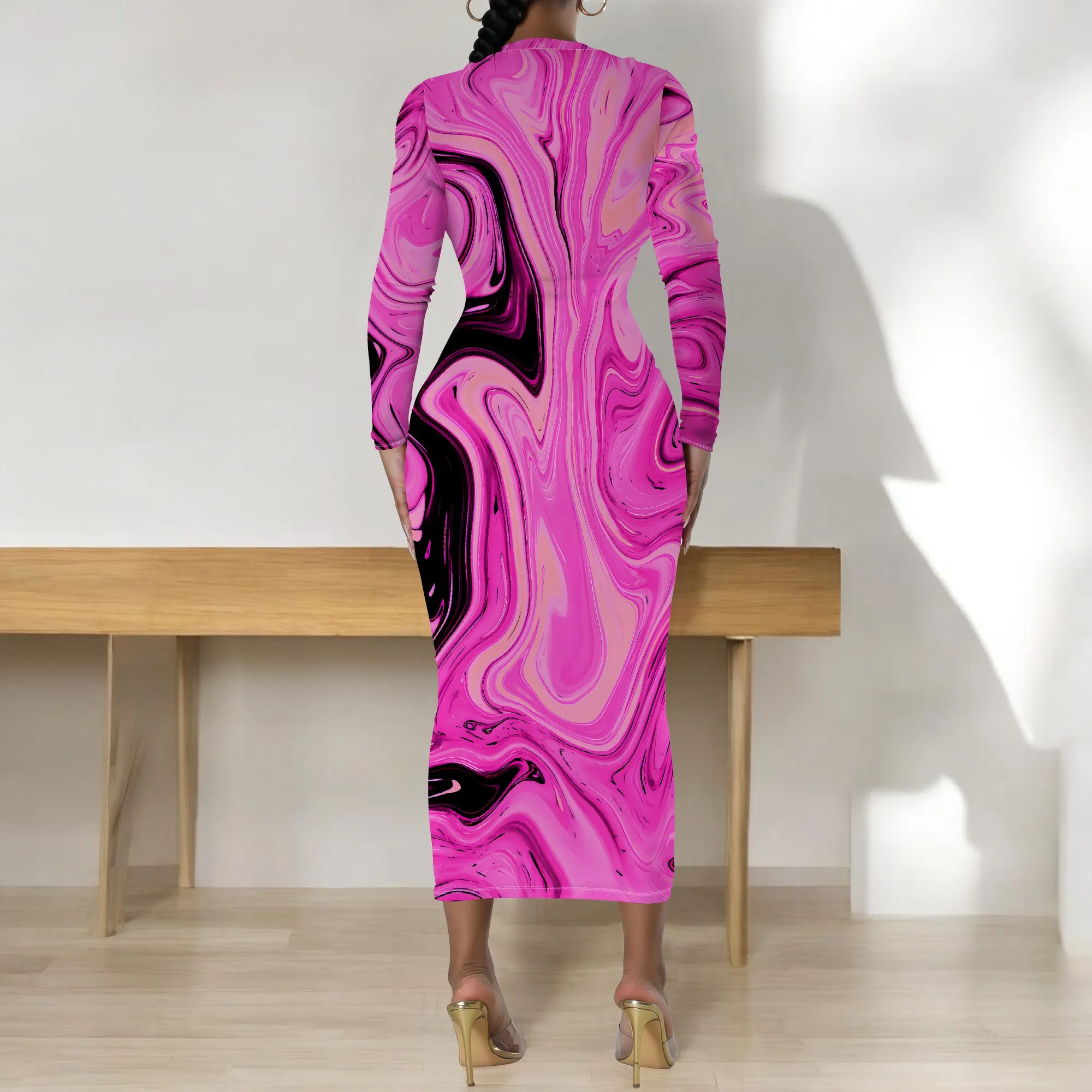 Women's Long Sleeve Maxi Dress Manhattan Ruffle Natural Fit Tie Dye Modified Cocktail Modified Dress