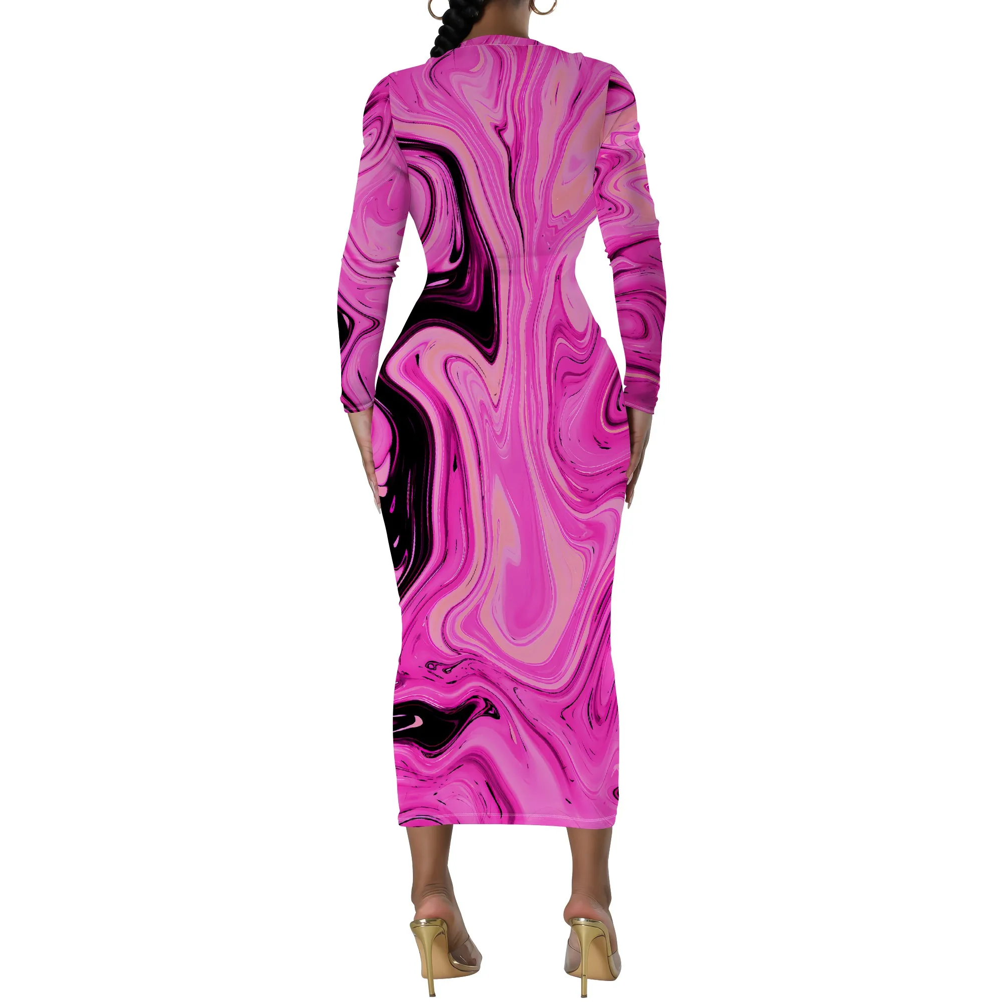 Women's Long Sleeve Maxi Dress Manhattan Ruffle Natural Fit Tie Dye Modified Cocktail Modified Dress