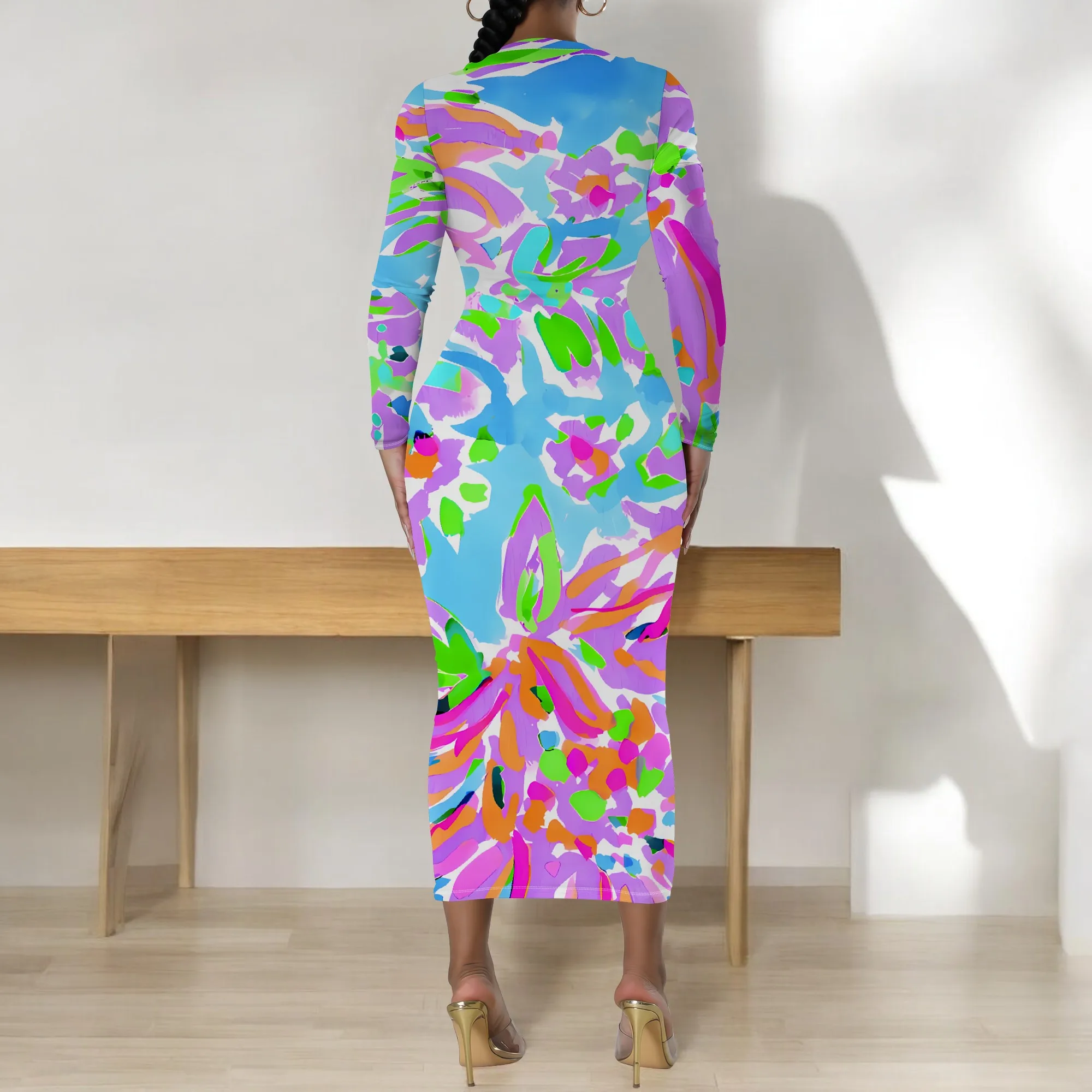 Women's Long Sleeve Maxi Dress Manhattan Ruffle Natural Fit Tie Dye Modified Cocktail Modified Dress