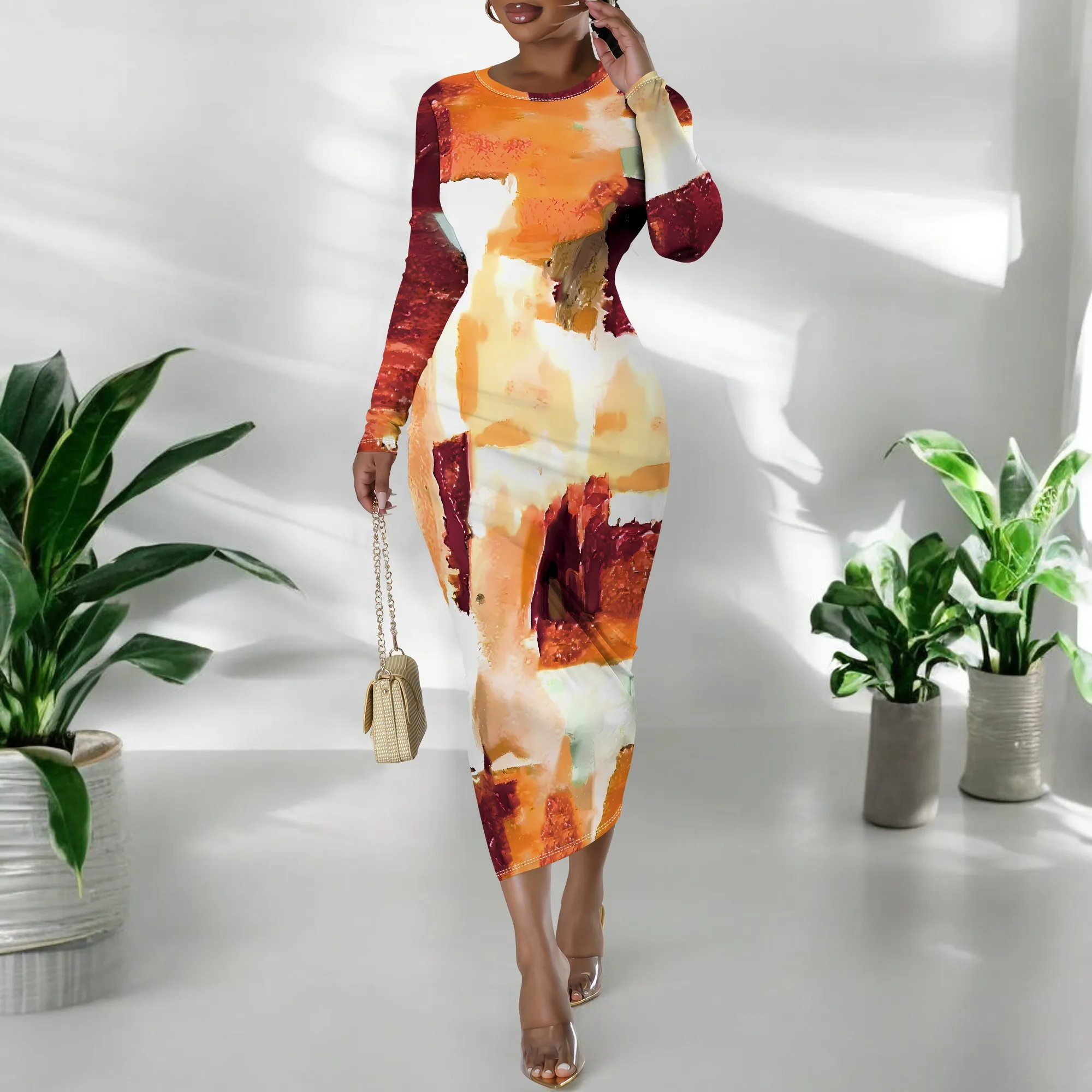 Women's Long Sleeve Maxi Dress Manhattan Ruffle Natural Fit Tie Dye Modified Cocktail Modified Dress