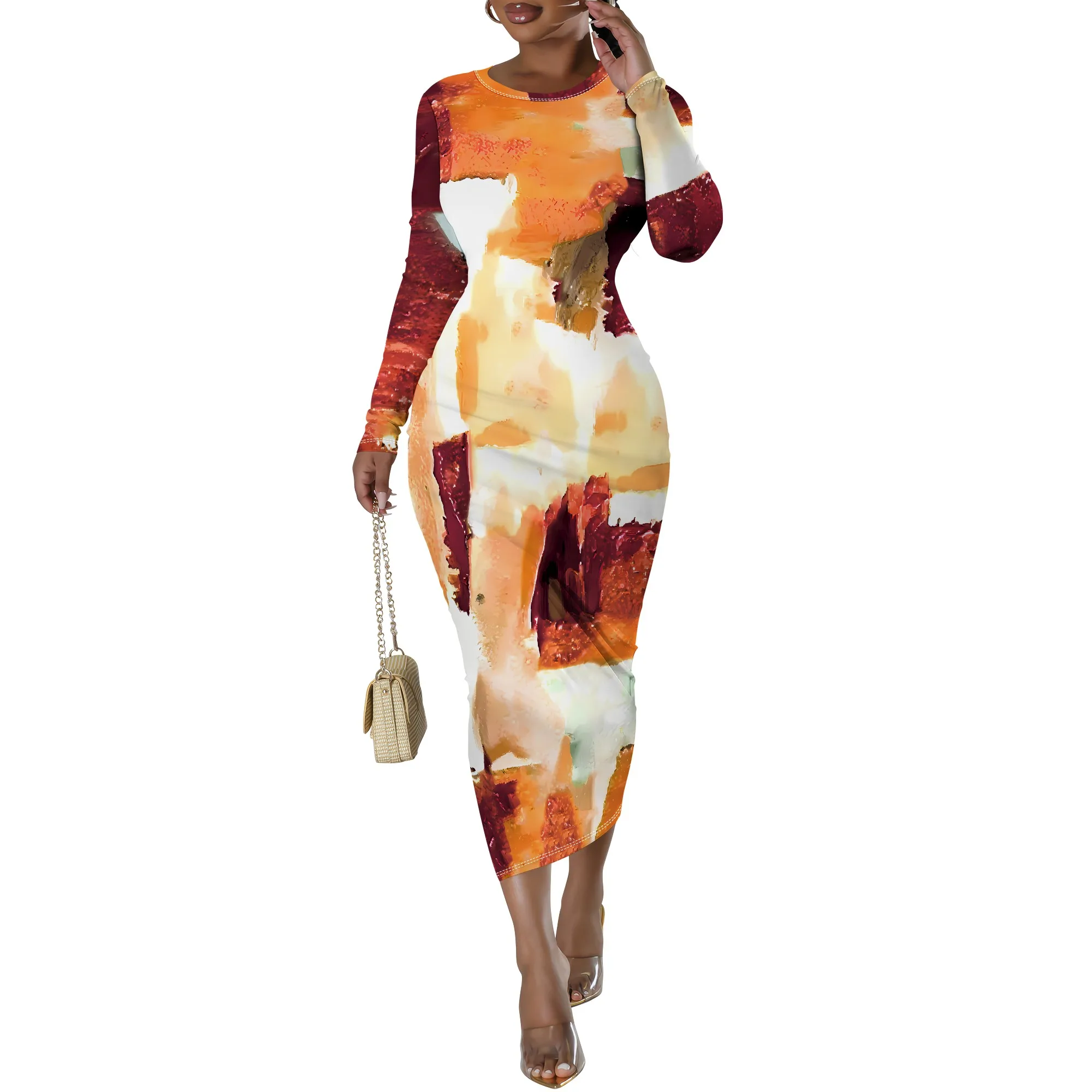 Women's Long Sleeve Maxi Dress Manhattan Ruffle Natural Fit Tie Dye Modified Cocktail Modified Dress