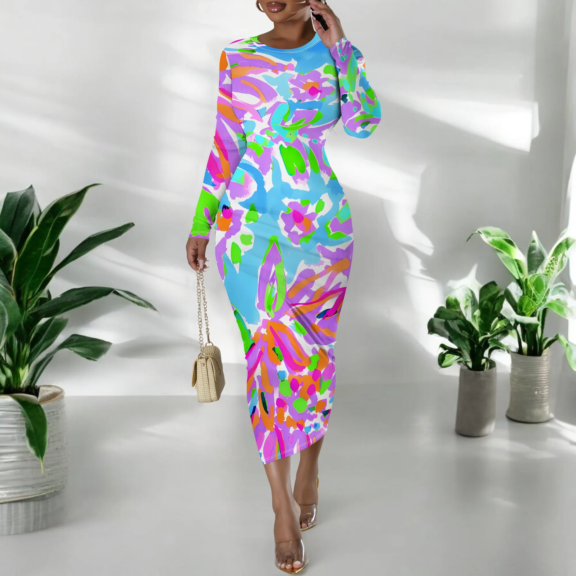 Women's Long Sleeve Maxi Dress Manhattan Ruffle Natural Fit Tie Dye Modified Cocktail Modified Dress