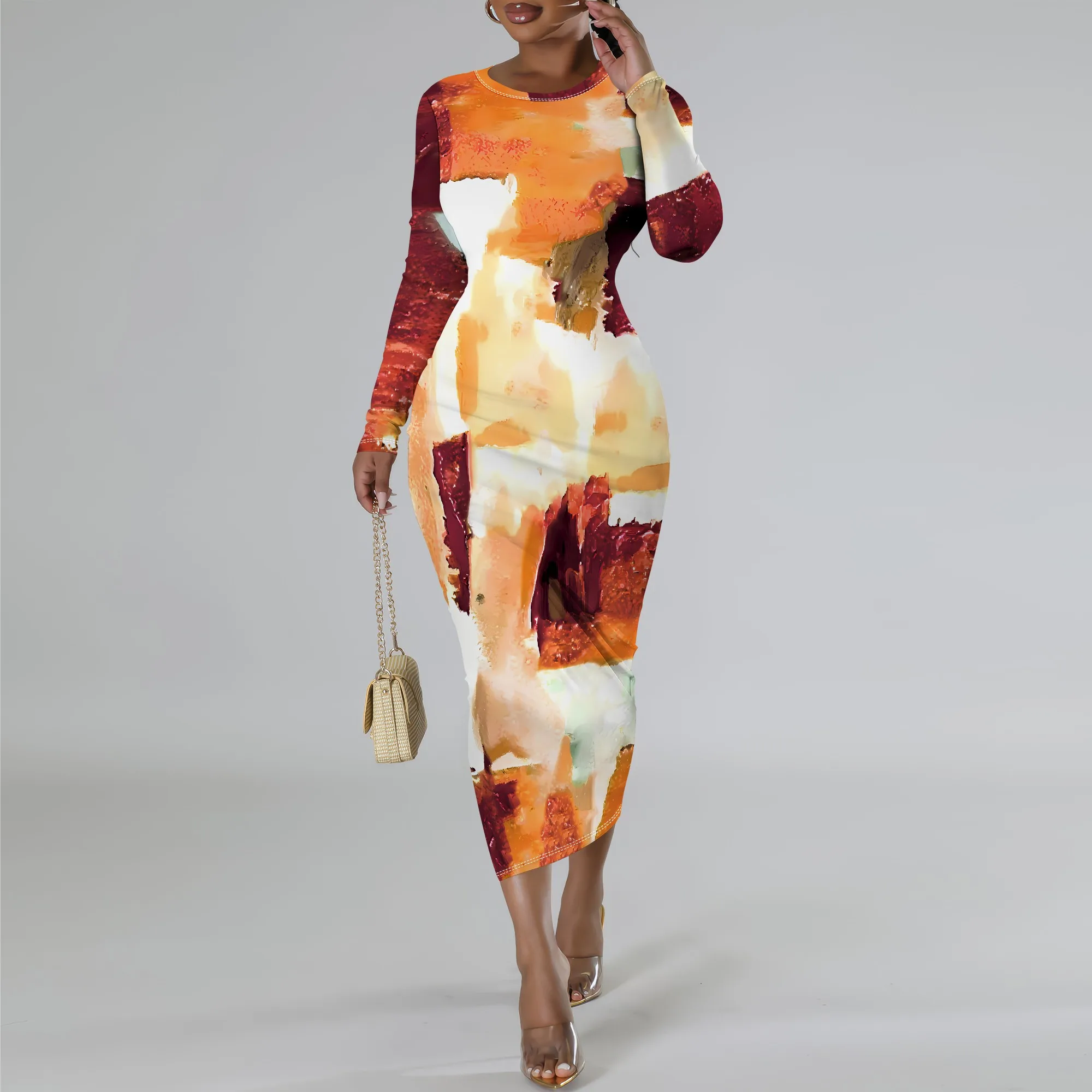 Women's Long Sleeve Maxi Dress Manhattan Ruffle Natural Fit Tie Dye Modified Cocktail Modified Dress