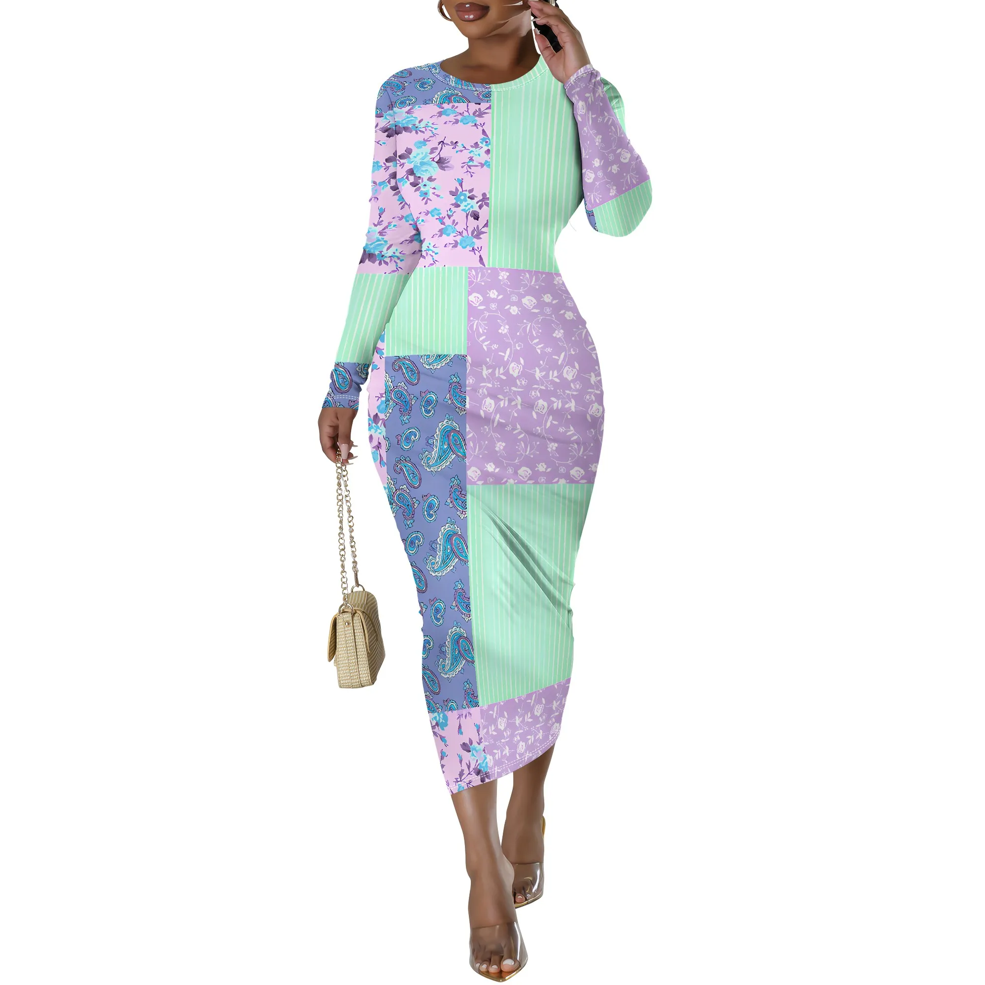 Women's Long Sleeve Maxi Dress Manhattan Ruffle Natural Fit Tie Dye Modified Cocktail Modified Dress