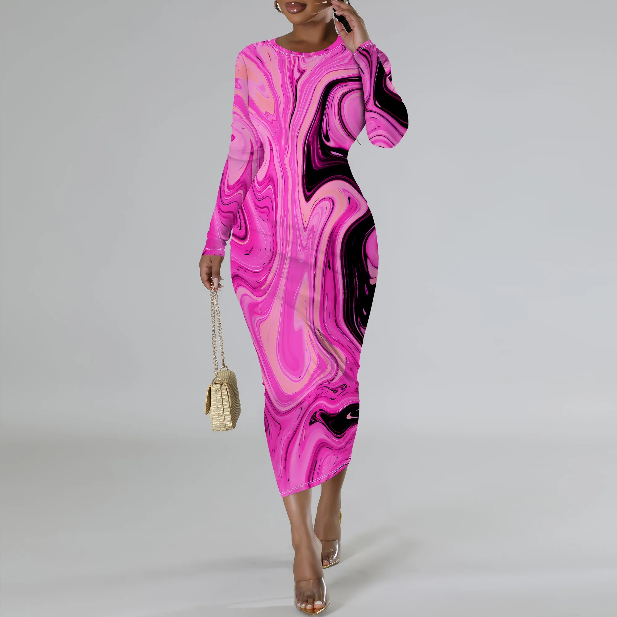 Women's Long Sleeve Maxi Dress Manhattan Ruffle Natural Fit Tie Dye Modified Cocktail Modified Dress