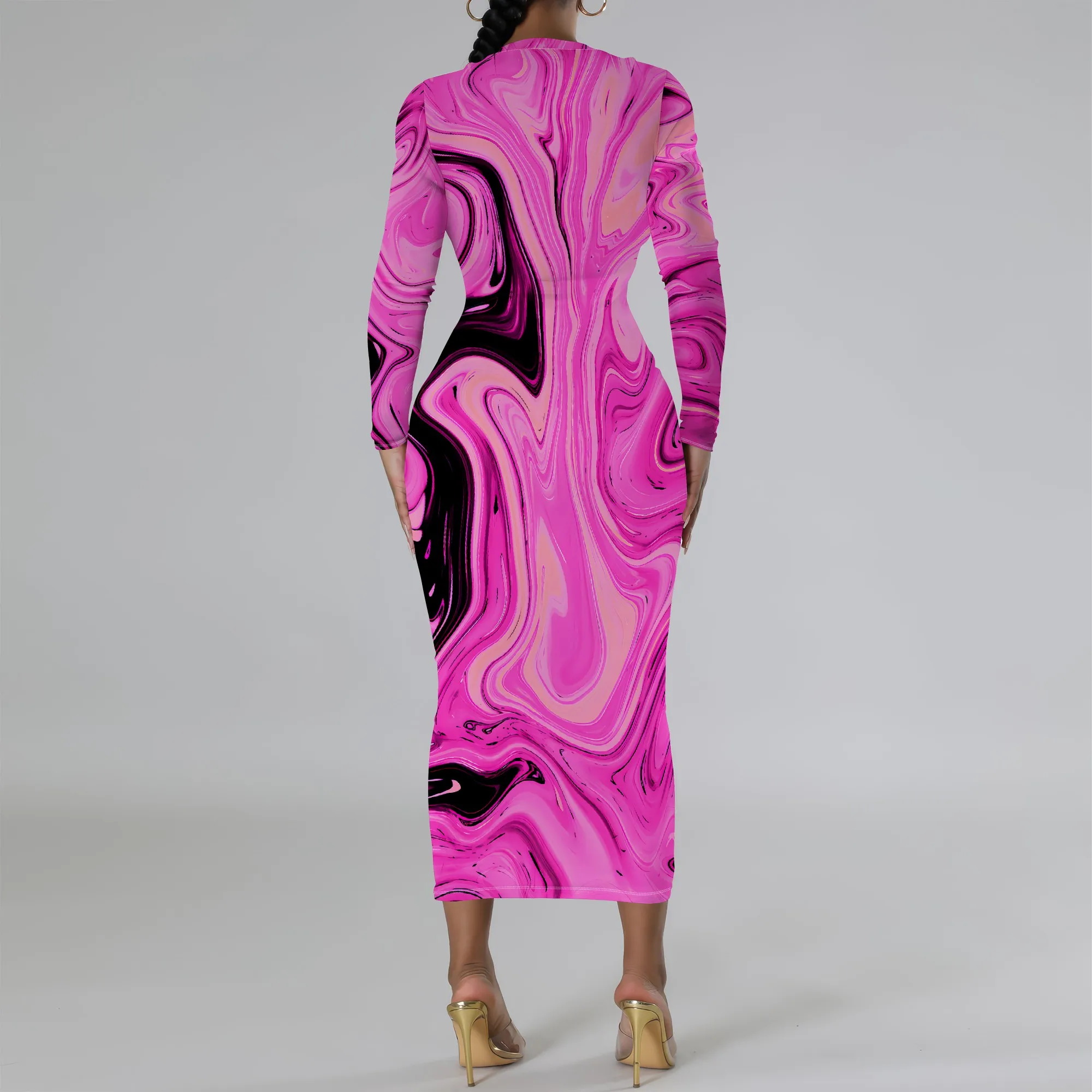 Women's Long Sleeve Maxi Dress Manhattan Ruffle Natural Fit Tie Dye Modified Cocktail Modified Dress