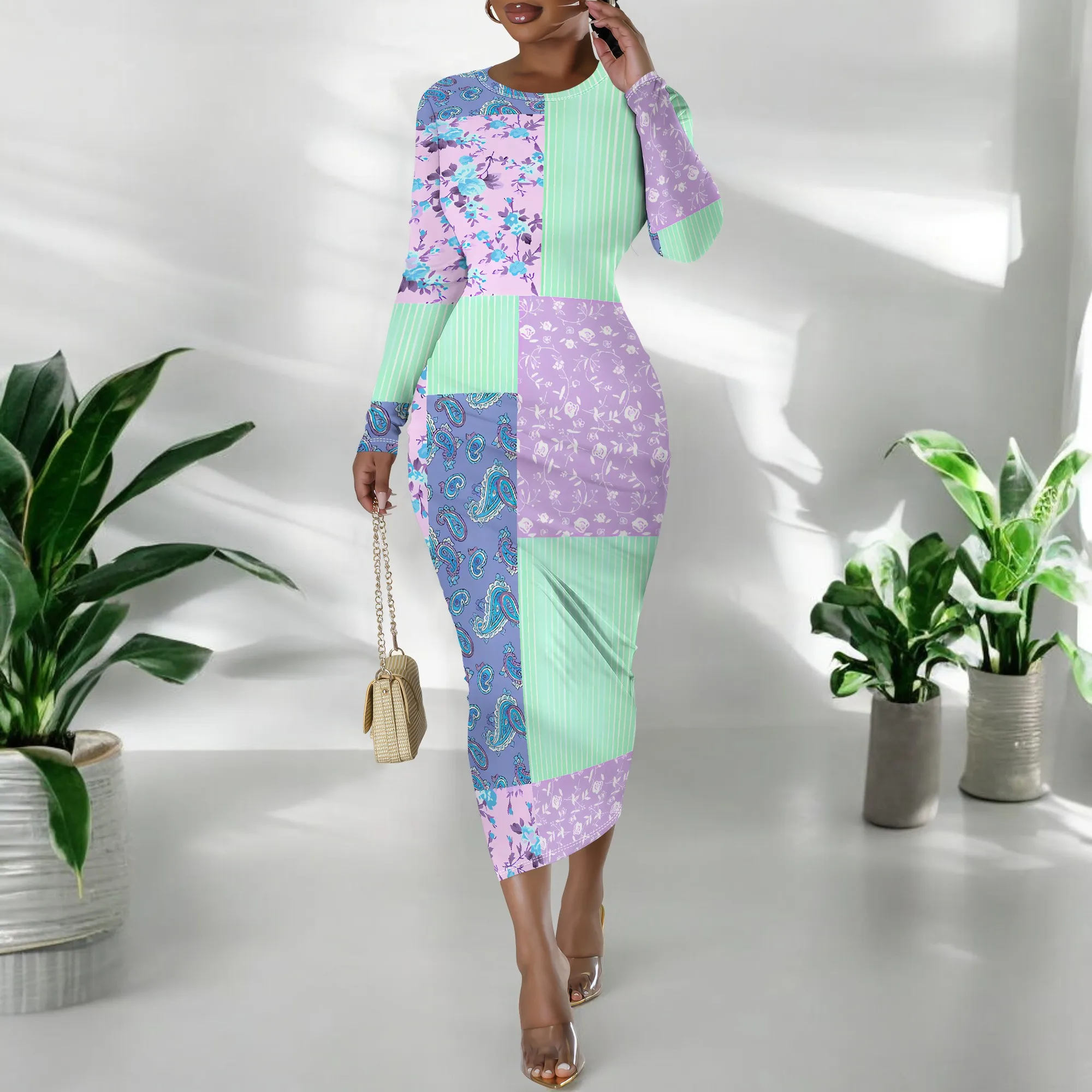 Women's Long Sleeve Maxi Dress Manhattan Ruffle Natural Fit Tie Dye Modified Cocktail Modified Dress