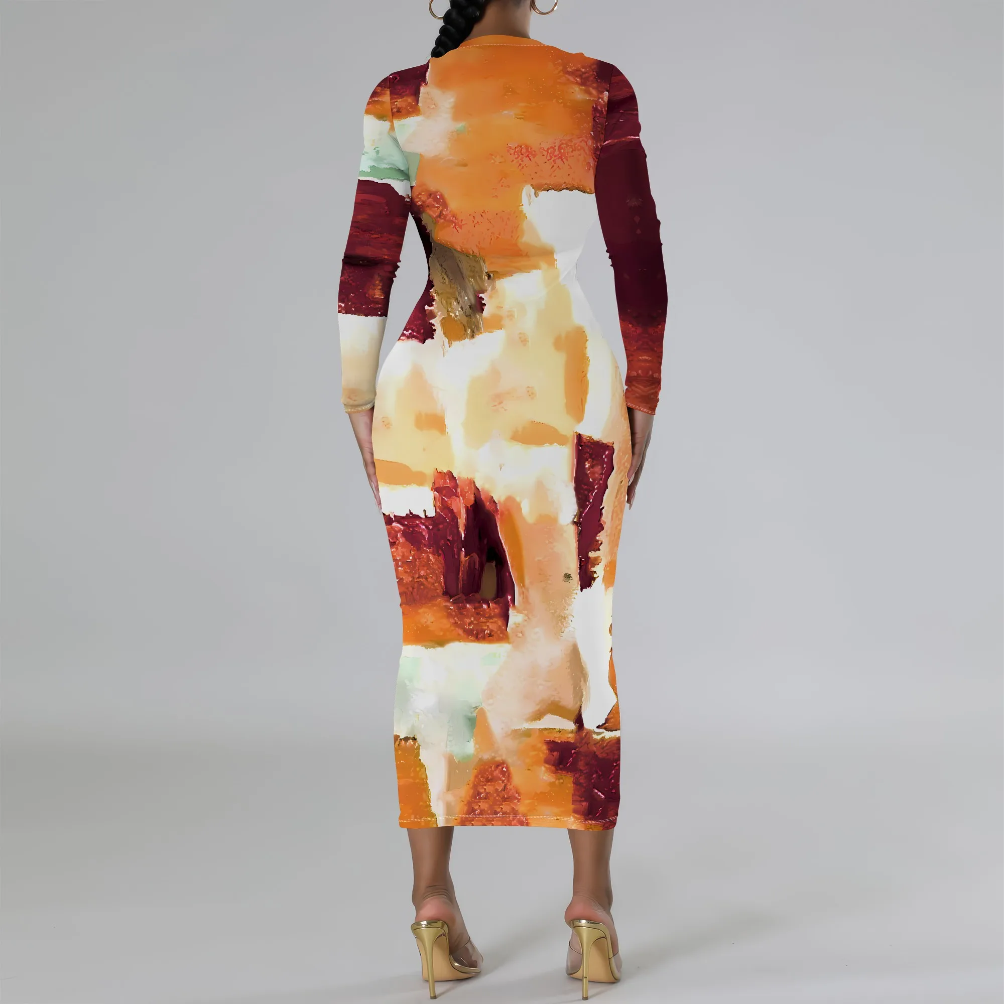 Women's Long Sleeve Maxi Dress Manhattan Ruffle Natural Fit Tie Dye Modified Cocktail Modified Dress