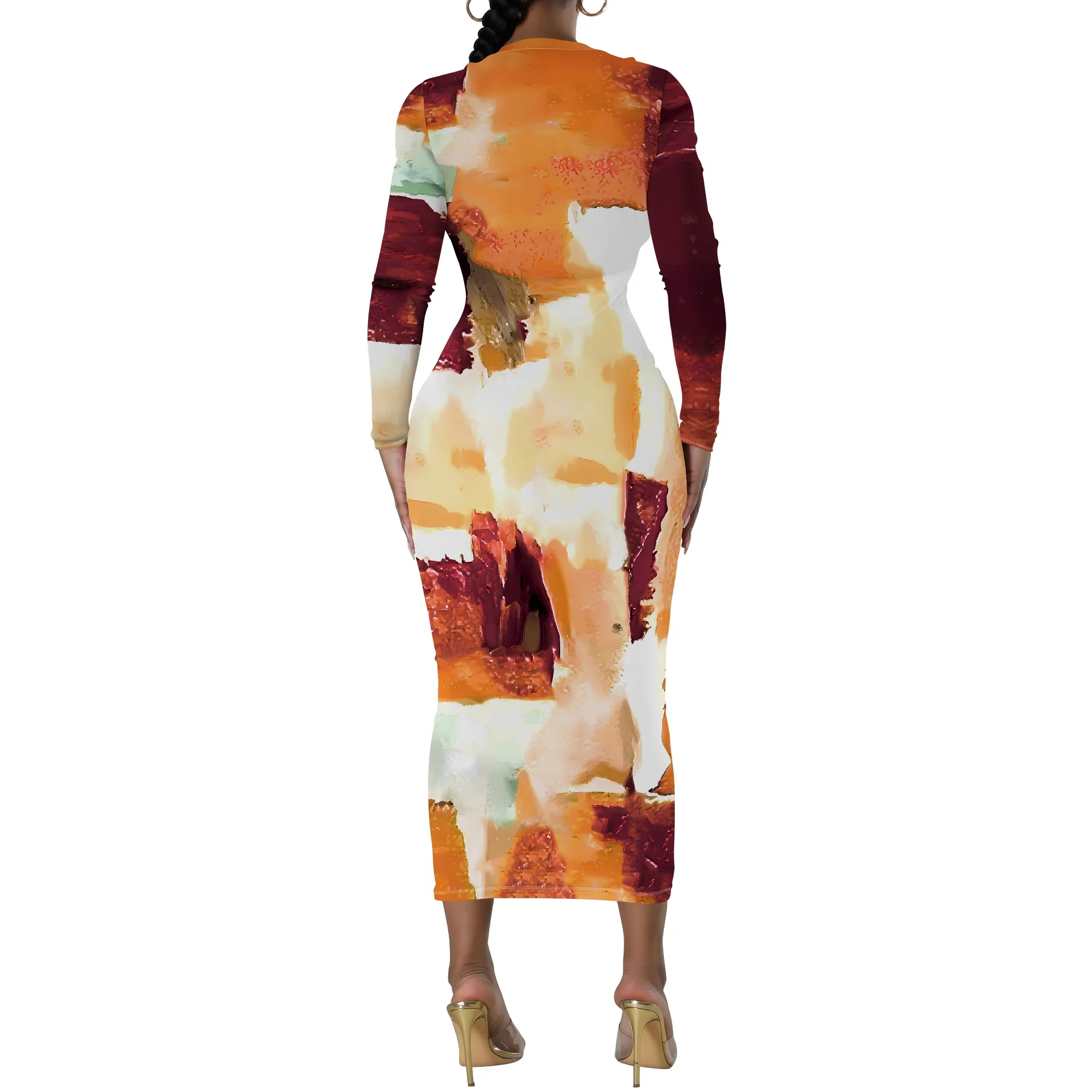 Women's Long Sleeve Maxi Dress Manhattan Ruffle Natural Fit Tie Dye Modified Cocktail Modified Dress