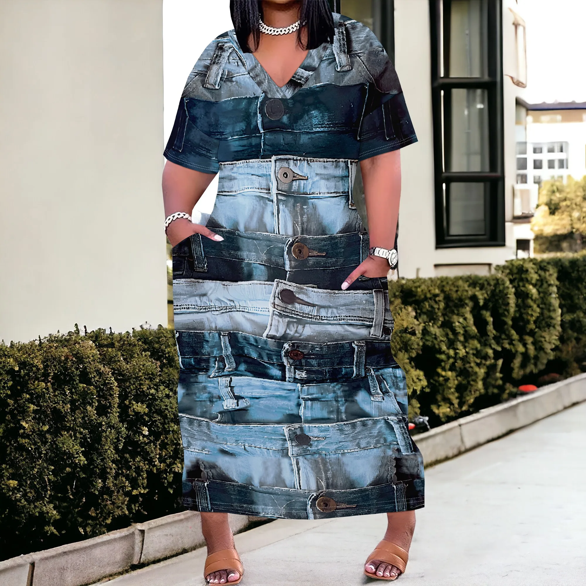 Womens Plus Size Denim 3D Print Fashion Maxi Dresses Casual Soft Tshirt Dress