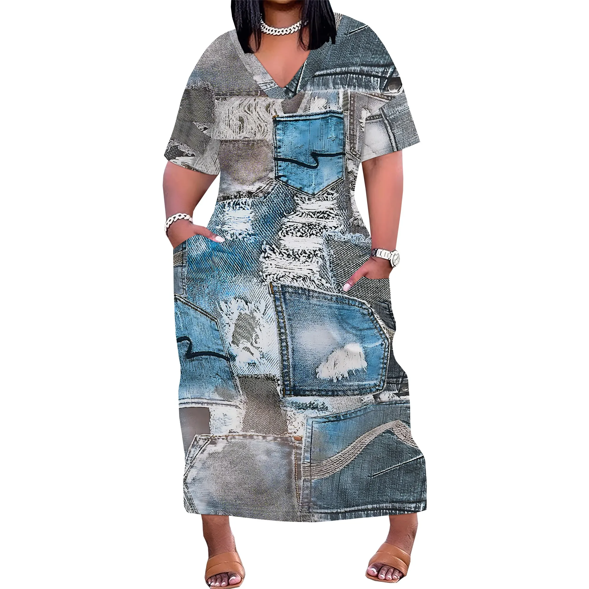Womens Plus Size Denim 3D Print Fashion Maxi Dresses Casual Soft Tshirt Dress