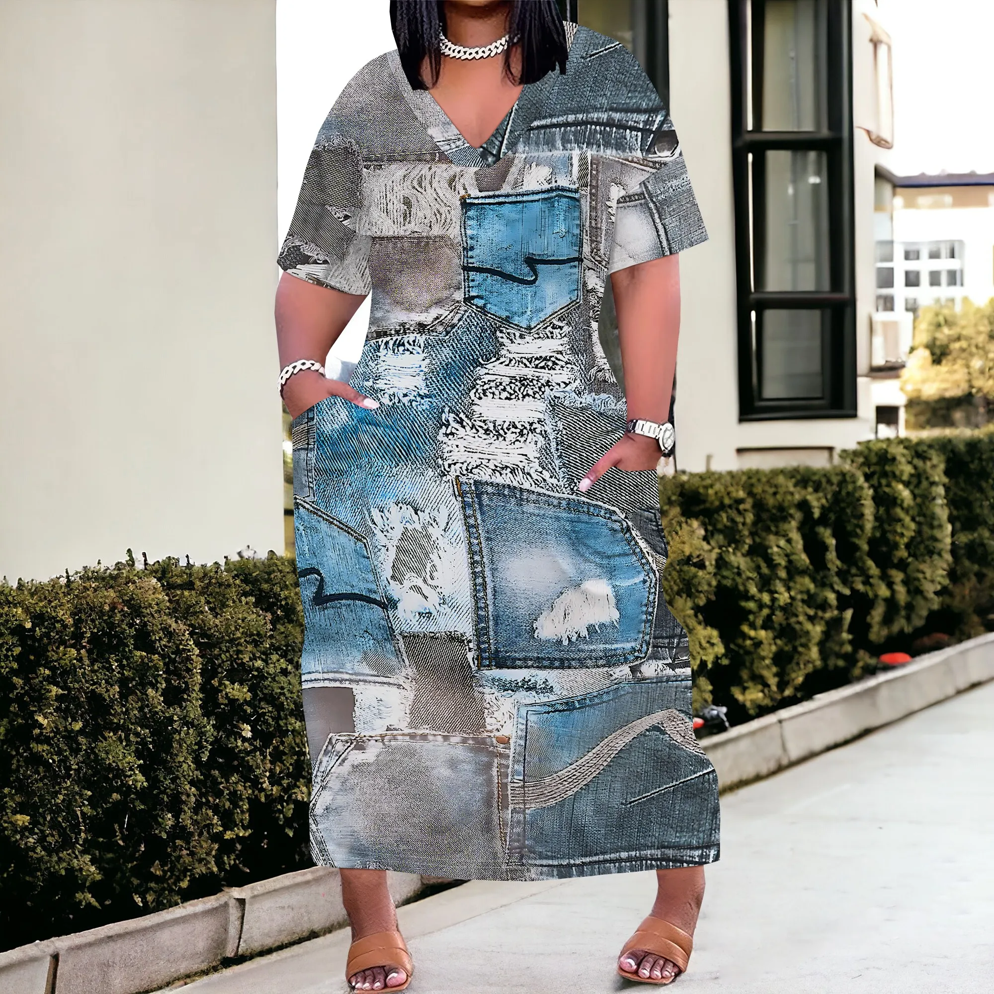 Womens Plus Size Denim 3D Print Fashion Maxi Dresses Casual Soft Tshirt Dress