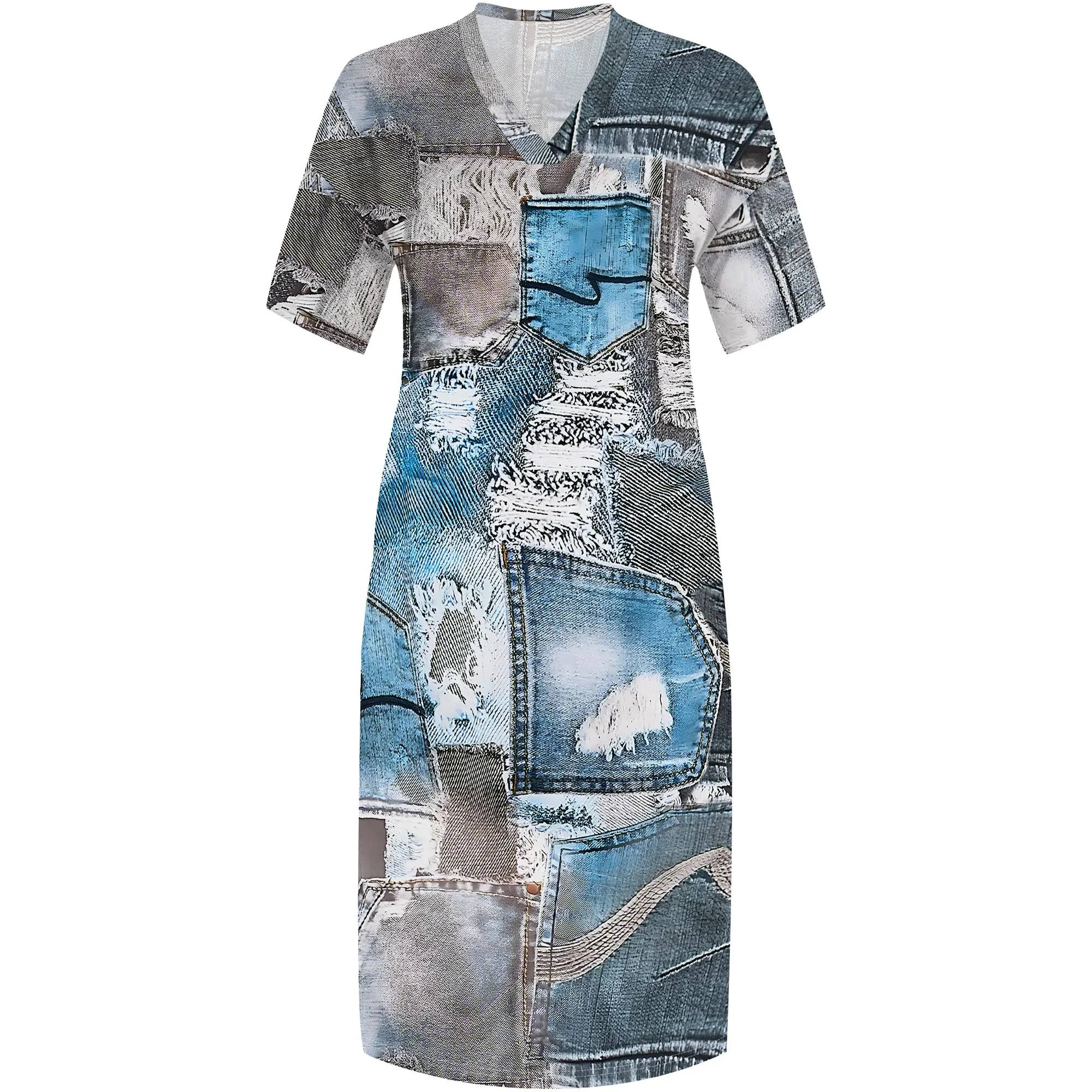 Womens Plus Size Denim 3D Print Fashion Maxi Dresses Casual Soft Tshirt Dress