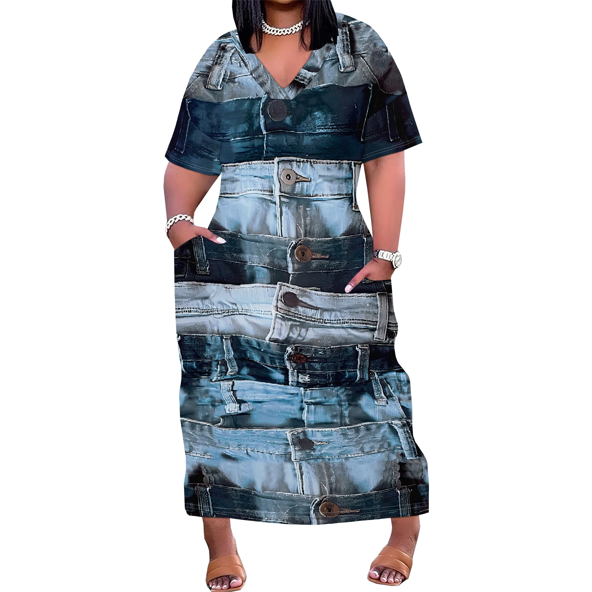 Womens Plus Size Denim 3D Print Fashion Maxi Dresses Casual Soft Tshirt Dress