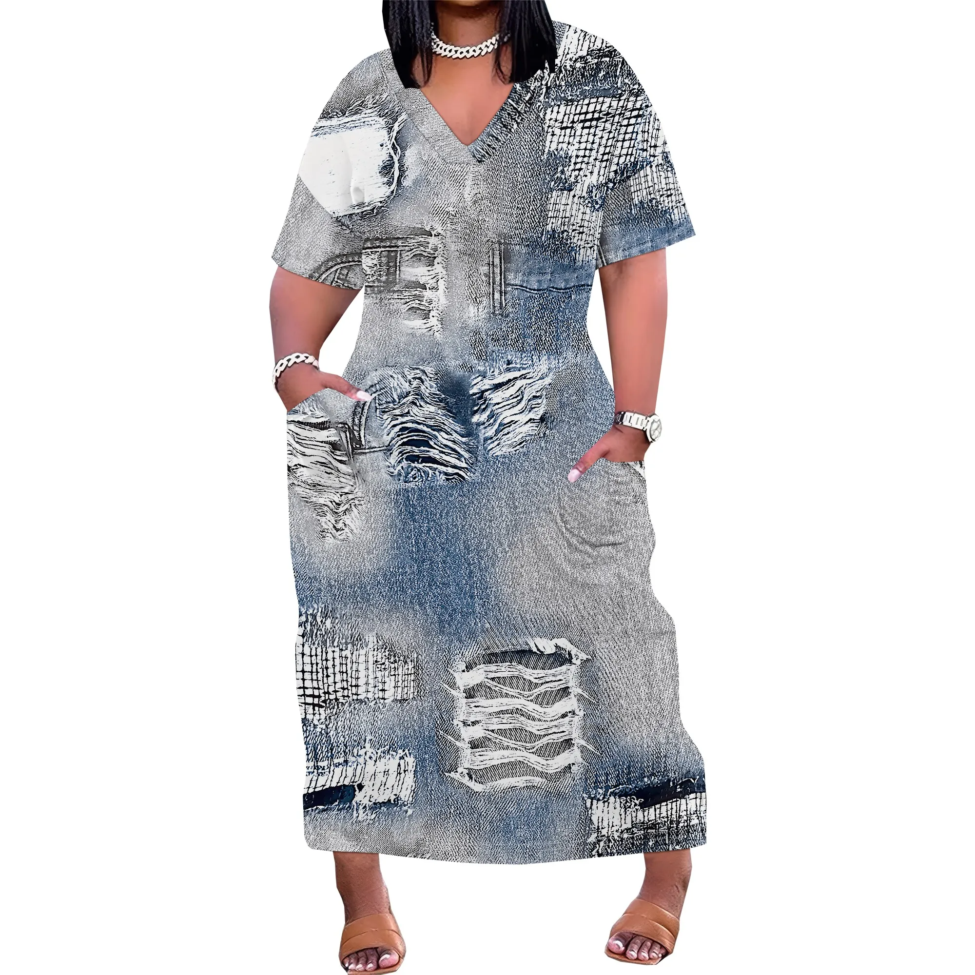 Womens Plus Size Denim 3D Print Fashion Maxi Dresses Casual Soft Tshirt Dress