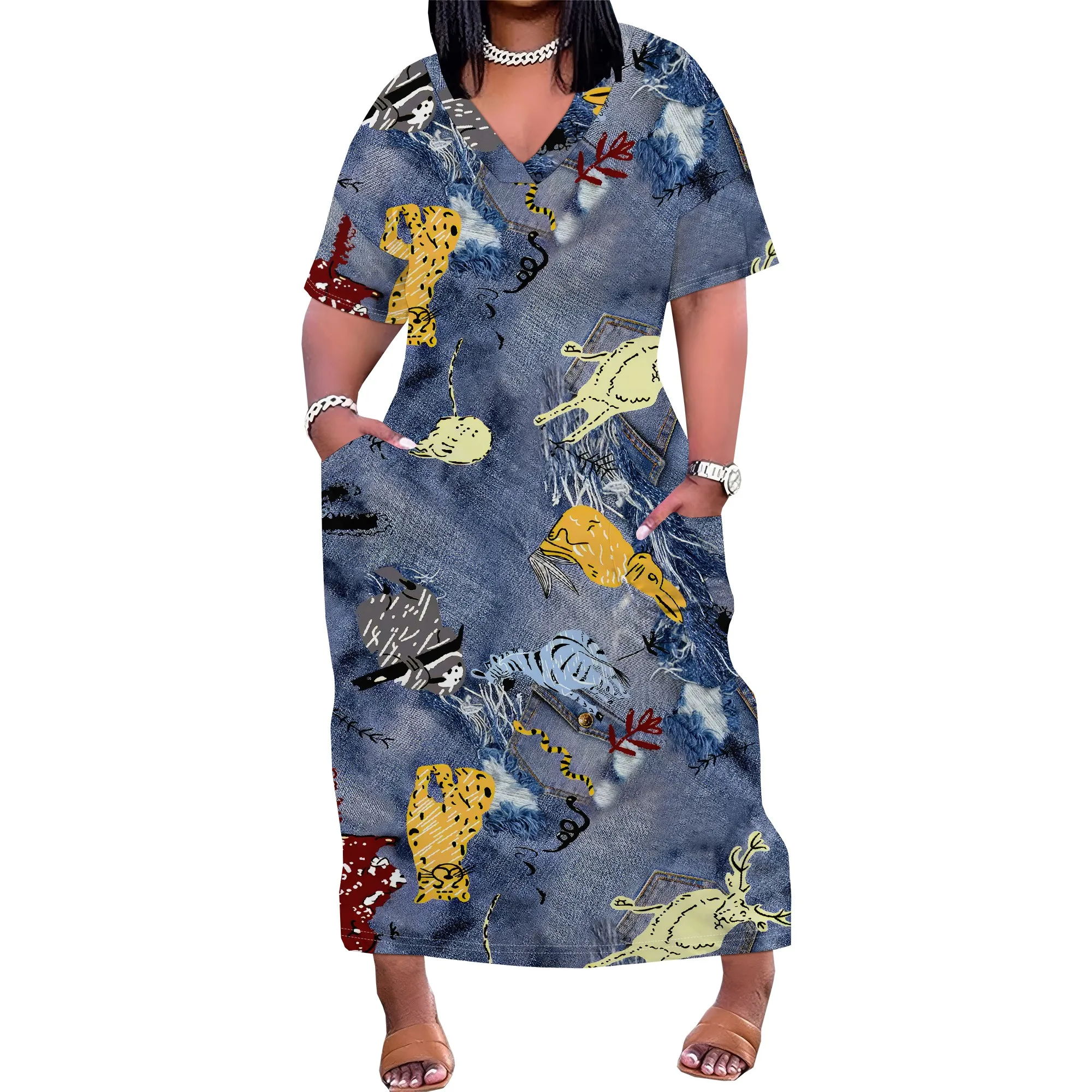 Womens Plus Size Denim 3D Print Fashion Maxi Dresses Casual Soft Tshirt Dress