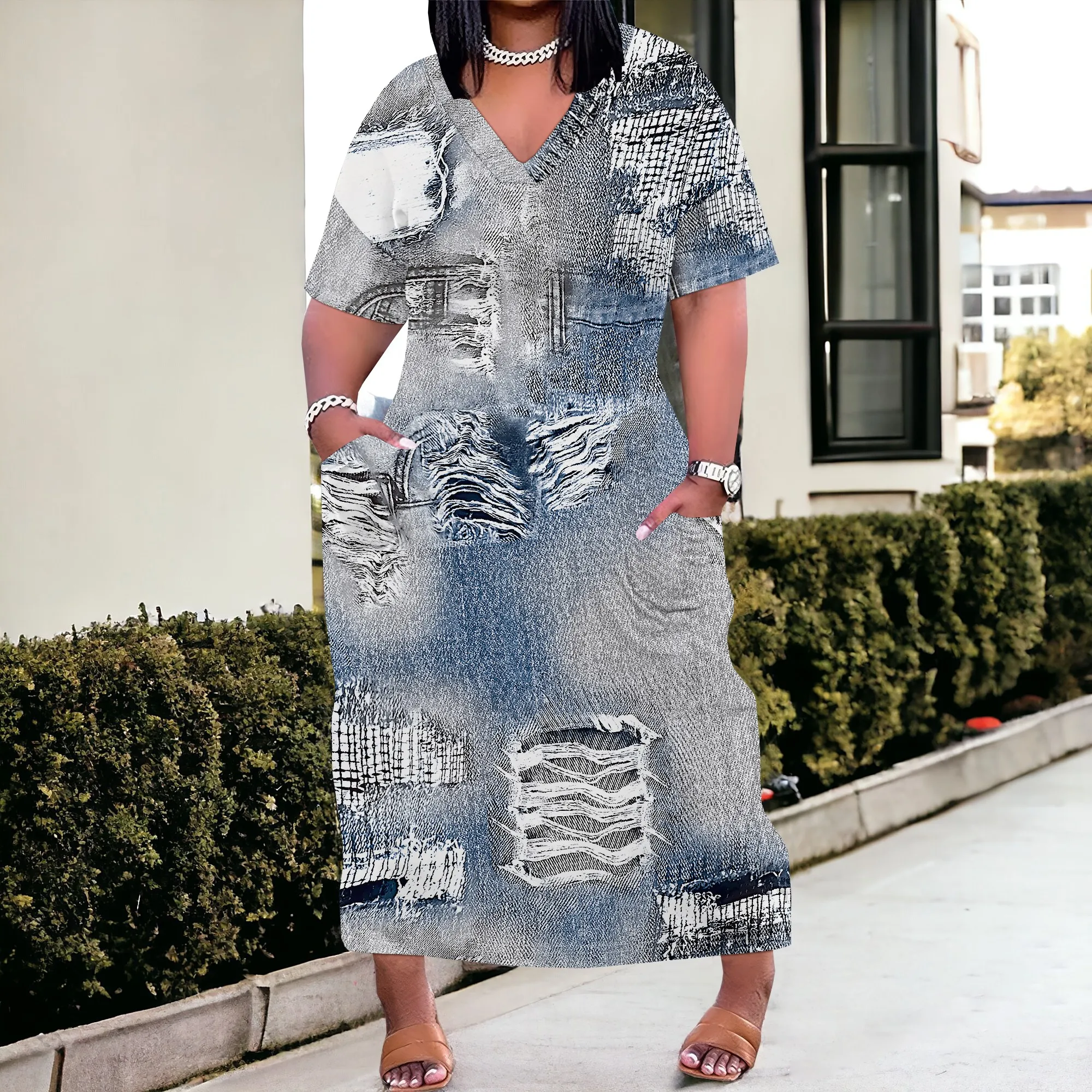 Womens Plus Size Denim 3D Print Fashion Maxi Dresses Casual Soft Tshirt Dress