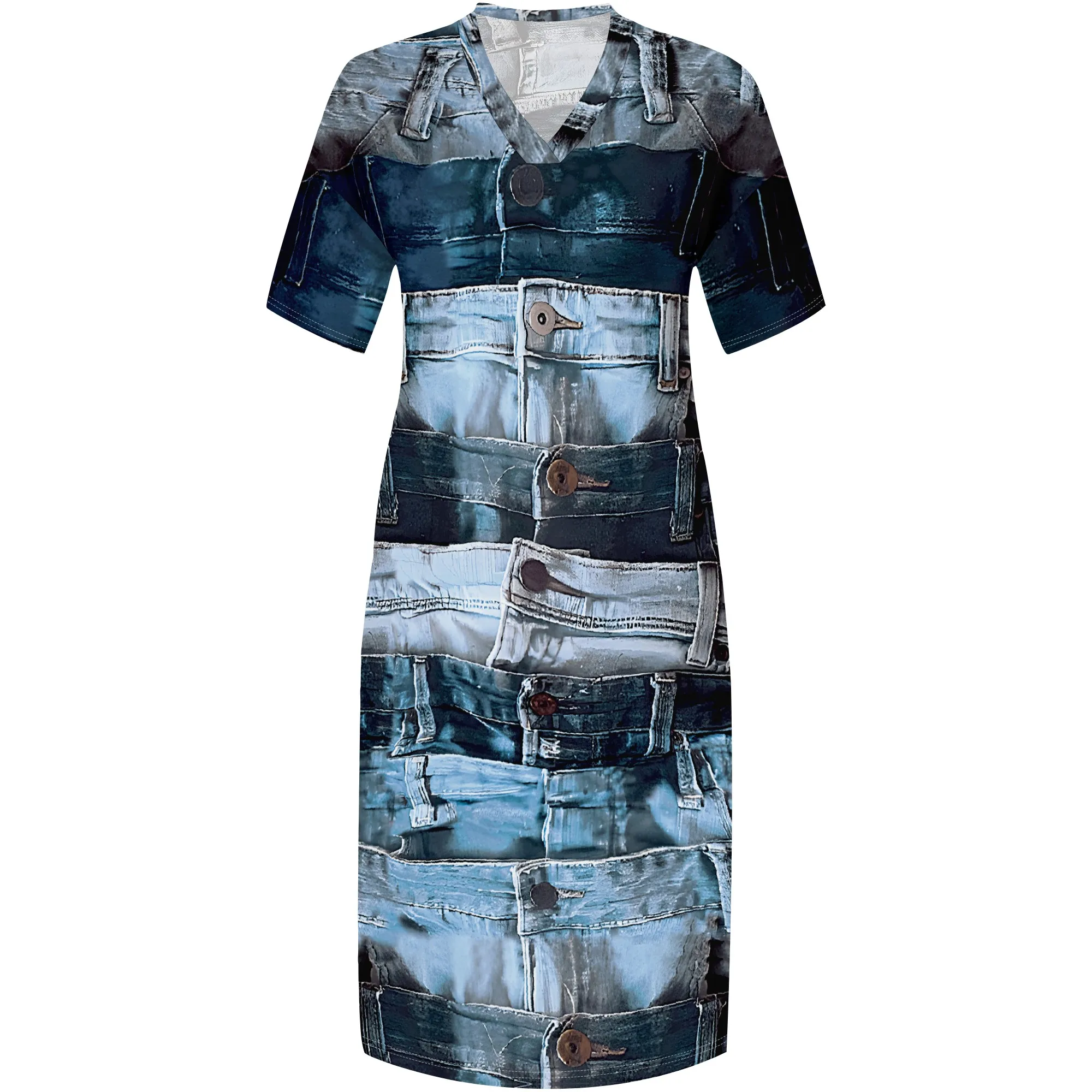 Womens Plus Size Denim 3D Print Fashion Maxi Dresses Casual Soft Tshirt Dress