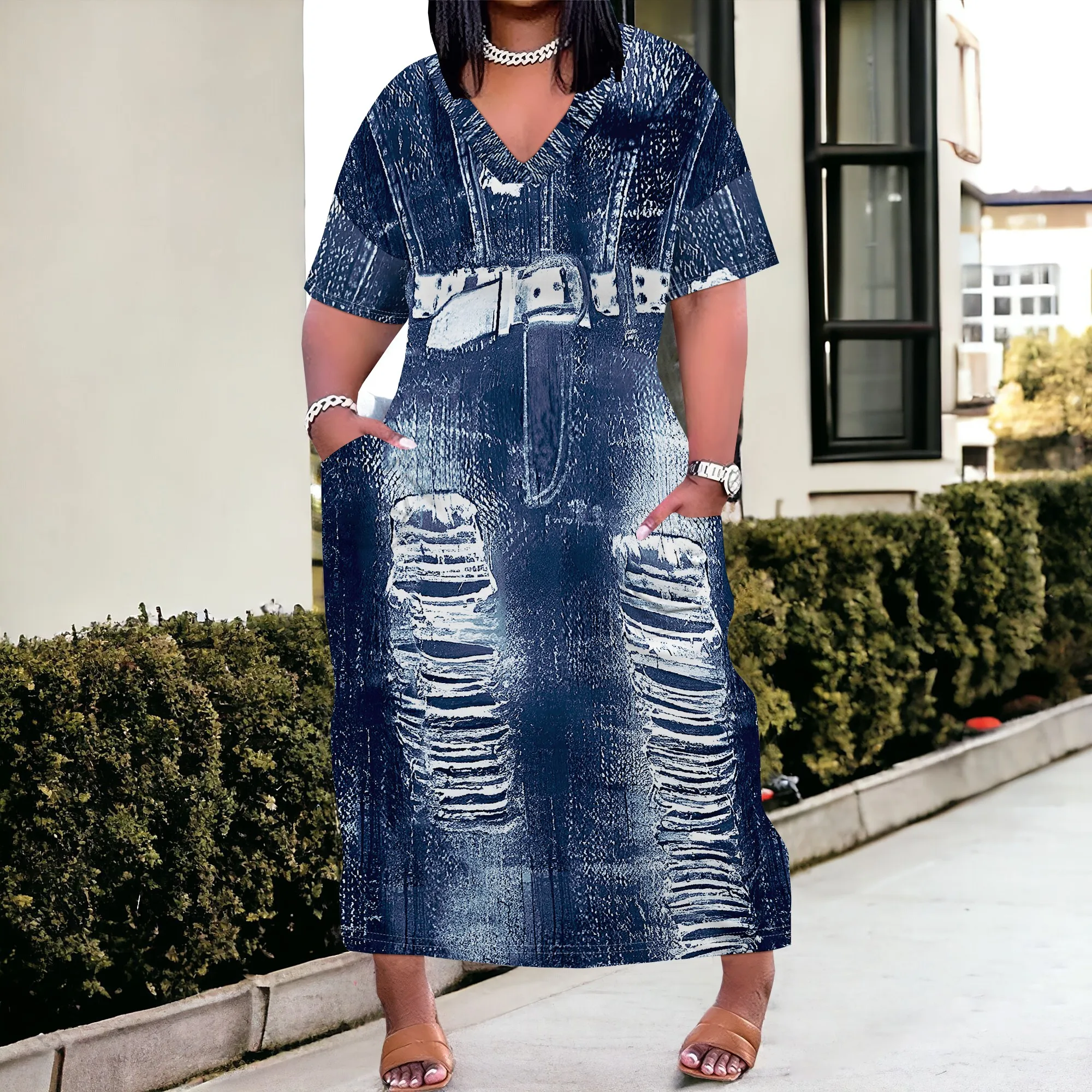 Womens Plus Size Denim 3D Print Fashion Maxi Dresses Casual Soft Tshirt Dress