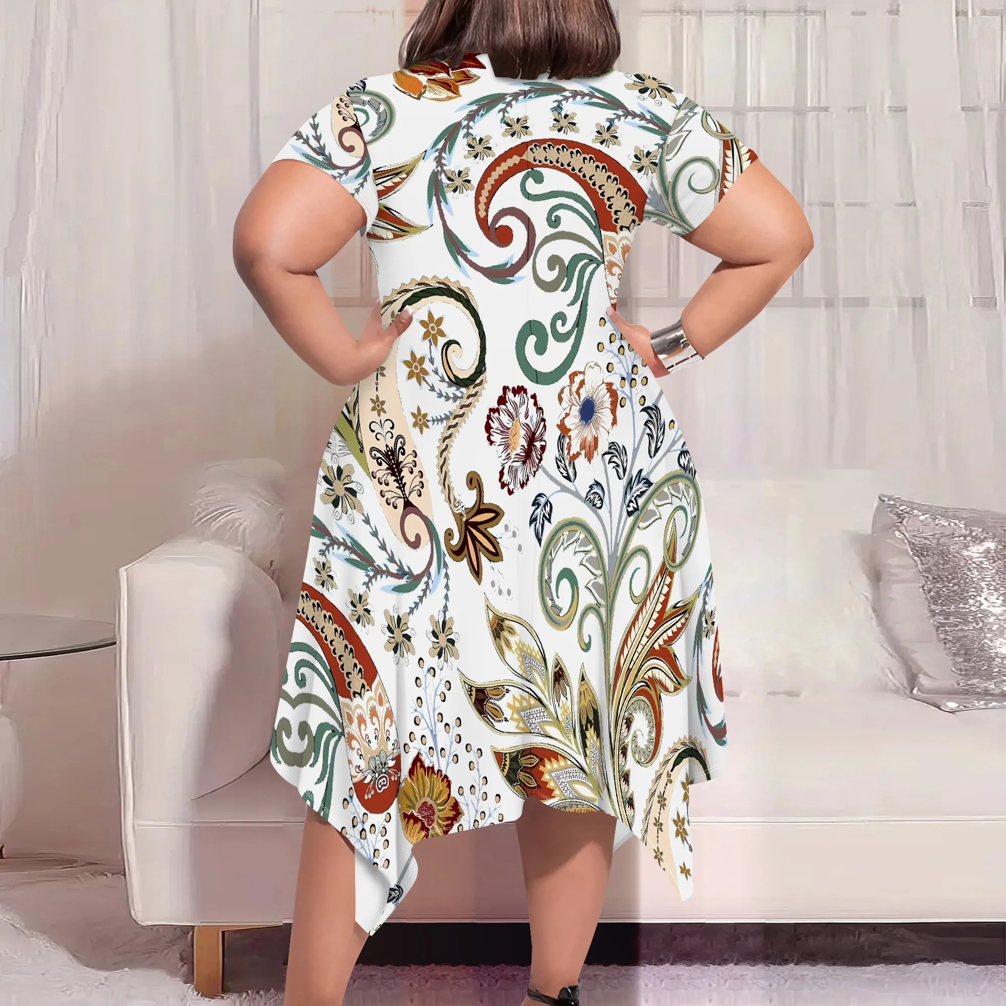 Women's Short Sleeve A-line Dress Paisley Print Scoop Neck Ruffle Knee-length Mini Dress Summer Trend Sundress