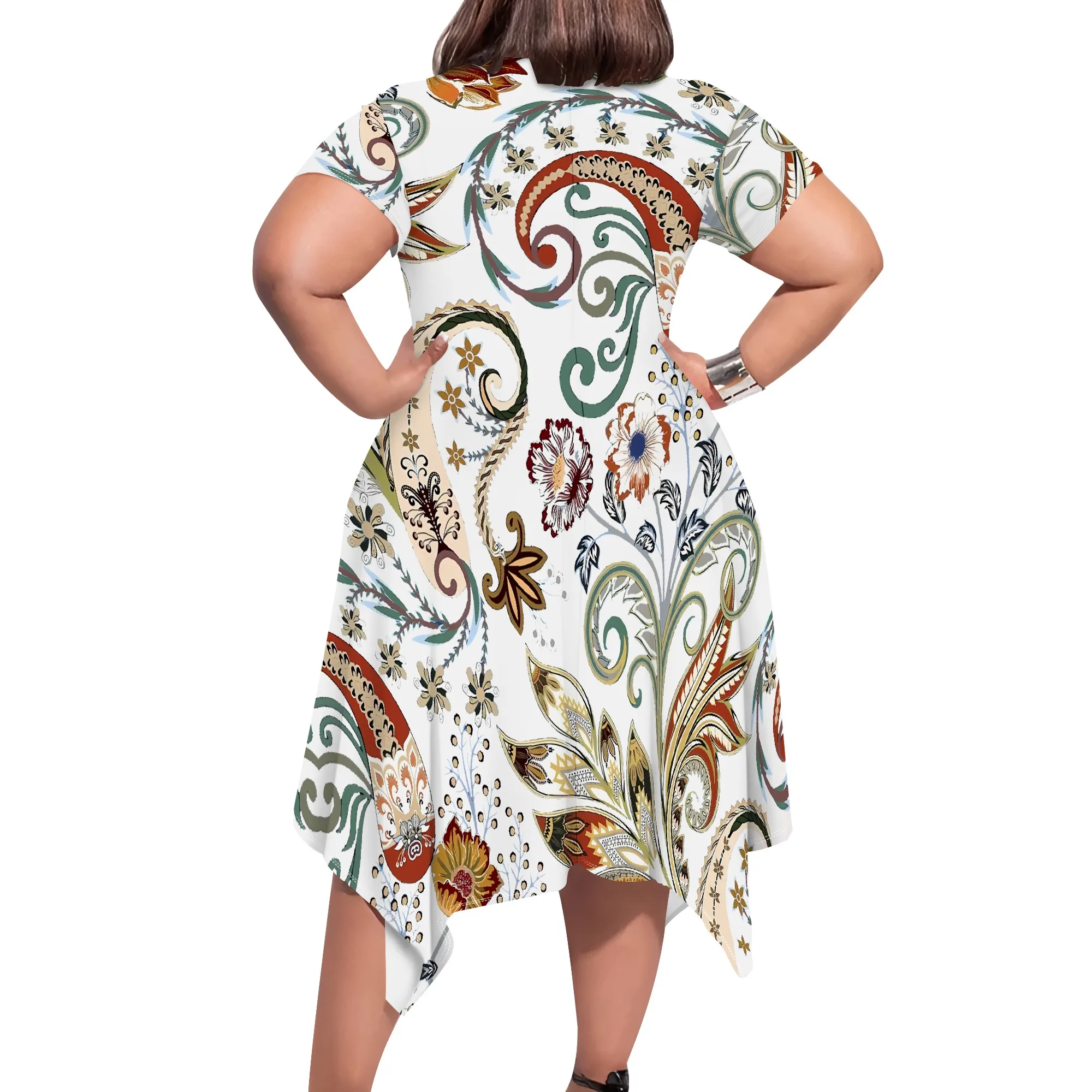 Women's Short Sleeve A-line Dress Paisley Print Scoop Neck Ruffle Knee-length Mini Dress Summer Trend Sundress